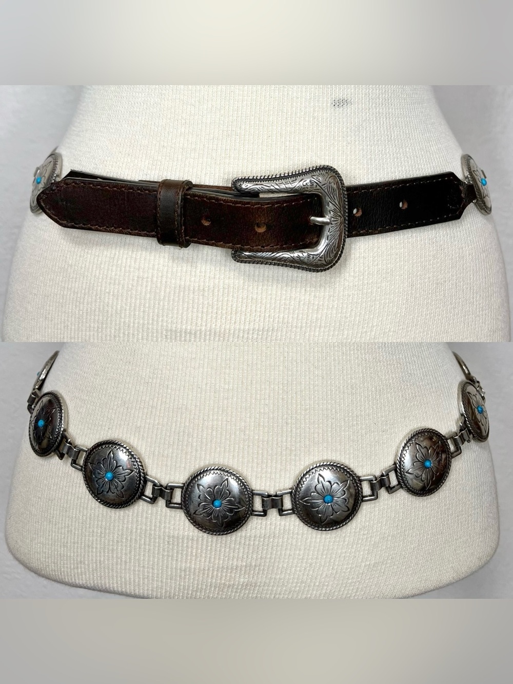 Nocona Western Silver Concho Belt with Turquoise Accents - Brown Leather